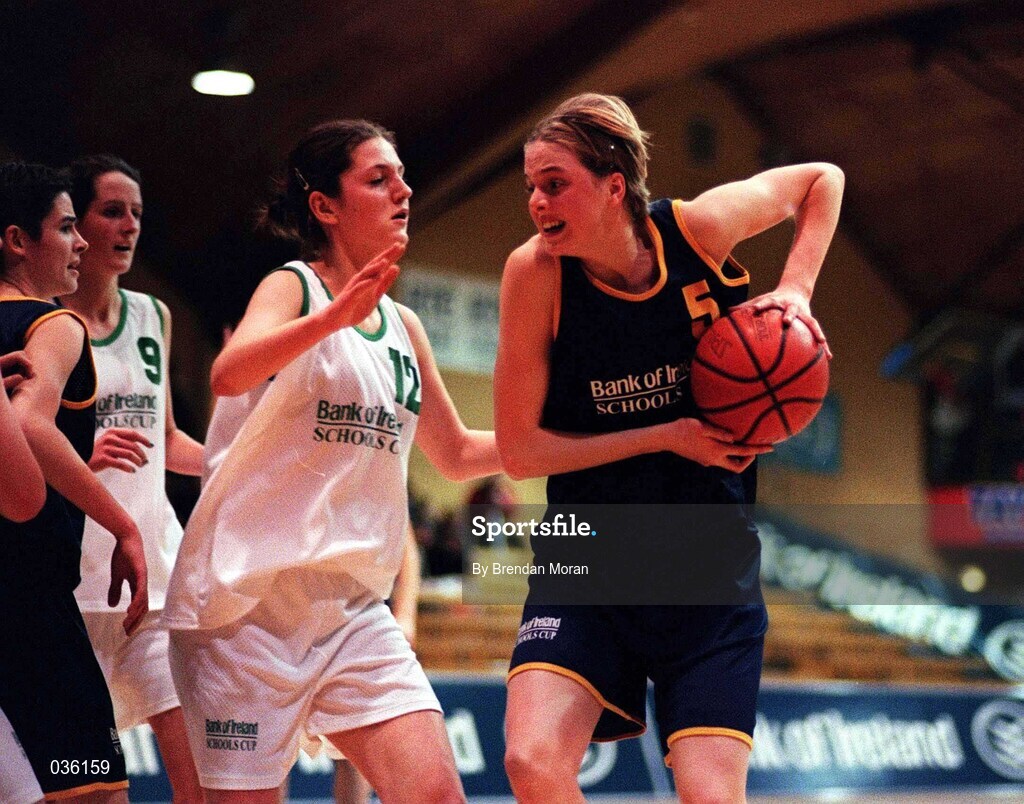 8 February 2000; Ann Marie Healy of Scoil Ruain Killenaule in action against Vanessa Lenehan of Loreto Foxrock during the Bank of Ireland Schools Cup Girls' B Final match between Scoil Ruain Killenaule and Loreto Foxrock at National Basketball Arena in Tallaght, Dublin. Photo by Brendan Moran/Sportsfile