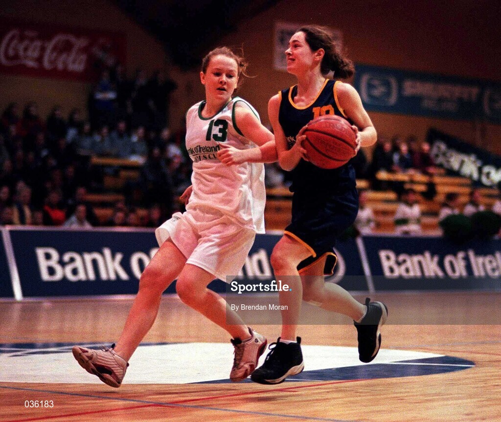 8 February 2000; Aoife O'Dwyer of Scoil Ruain Killenaule in action against Catherine Shallow of Loreto Foxrock during the Bank of Ireland Schools Cup Girls' B Final match between Scoil Ruain Killenaule and Loreto Foxrock at National Basketball Arena in Tallaght, Dublin. Photo by Brendan Moran/Sportsfile