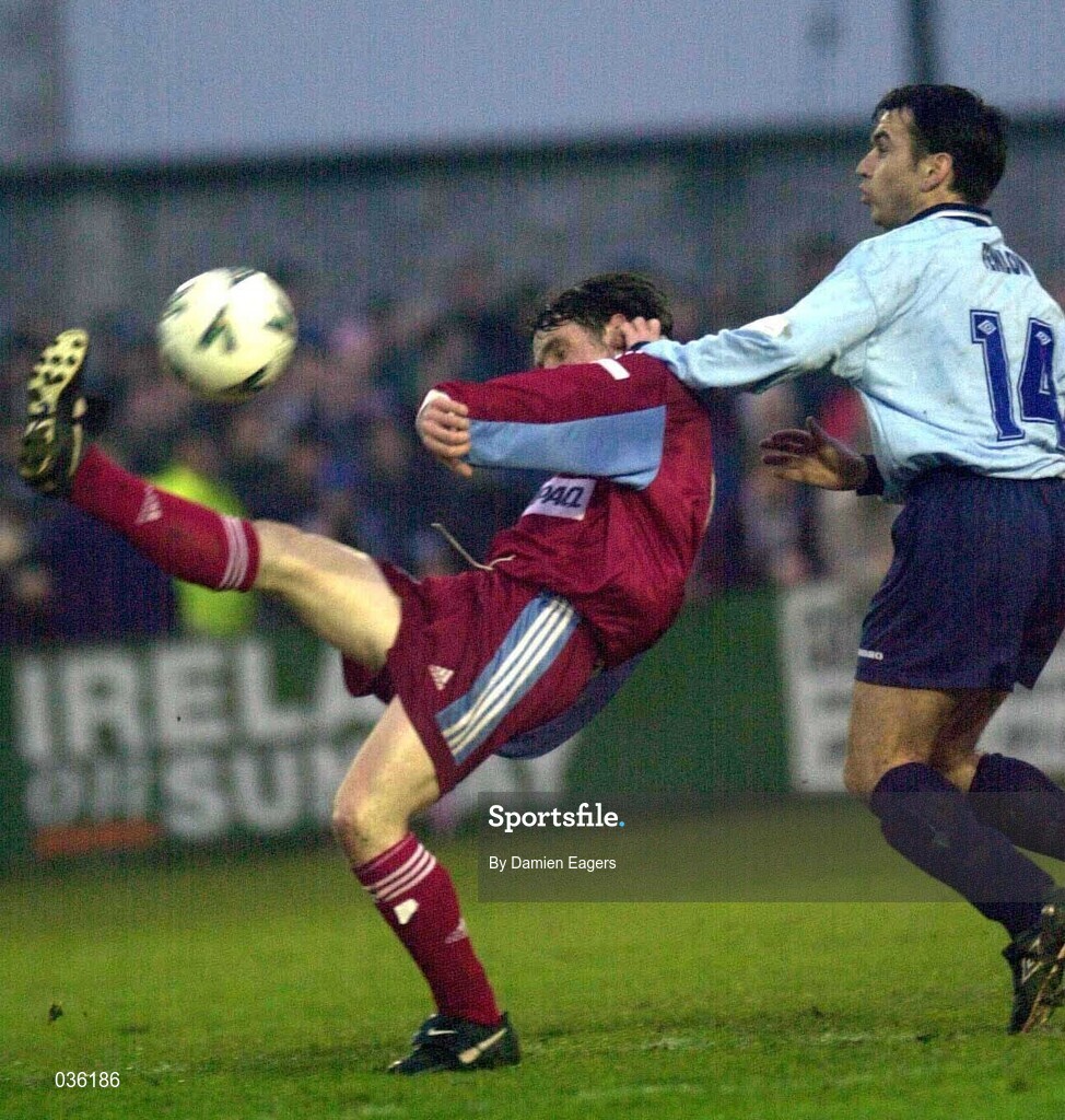 31 March 2000; Aubrey Dolan of Galway United is tackled by Pat Fenlon of Shelbourne during the FAI Cup Semi-Final match between Galway United and Shelbourne at Terryland Park in Galway. Photo by Damien Eagers/Sportsfile