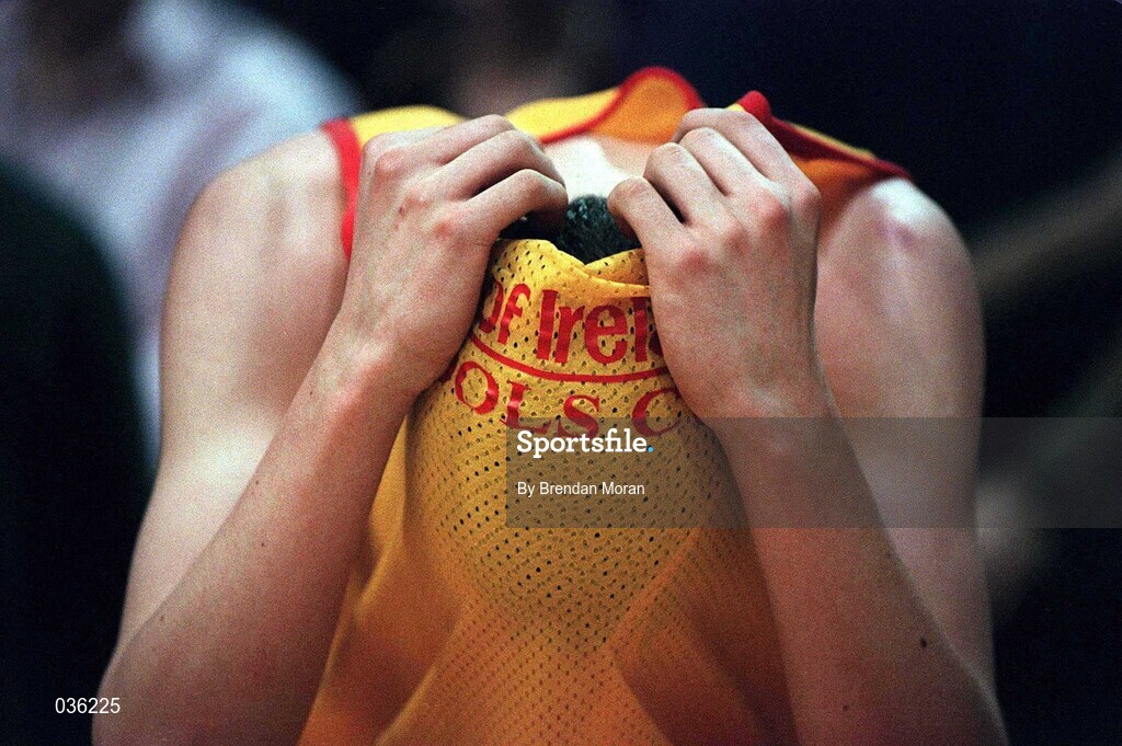 8 February 2000; Liam Culloty of St Mary's Moyderwell looks dejected following the Bank of Ireland Schools Cup Boys' B Final match between St Laurence Loughlinstown and St Mary's Moyderwel at National Basketball Arena in Tallaght, Dublin. Photo by Brendan Moran/Sportsfile