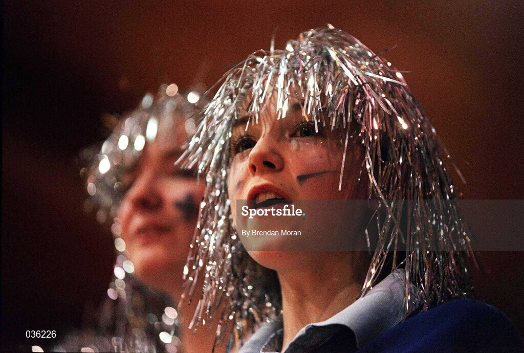 8 February 2000; Sandra Fitzgerald, left, and Martha Buckley, both from Killarney, show their support during the Bank of Ireland Schools Cup Girls' A Final match between Mercy Waterford and Presentation Killarney at National Basketball Arena in Tallaght, Dublin. Photo by Brendan Moran/Sportsfile