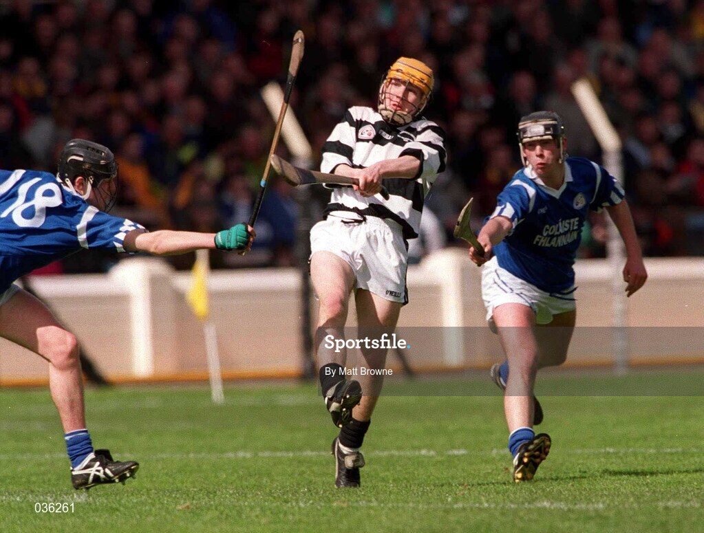 18 April 1999; Brian Carroll of St Kieran's Kilkenny in action against Declan Walsh of St Flannan's Ennis during the GAA All-Ireland Post Primary Senior A Schools Hurling Croke Cup Final match between St Flannan's Ennis and St Kieran's Kilkenny at Croke Park in Dublin. Photo by Matt Browne/Sportsfile
