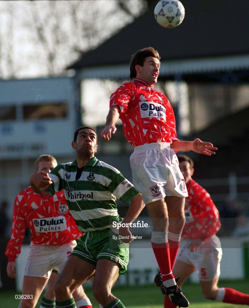 14 November 1993; Brian Mooney of Shelbourne in action against Paul Osam of Shamrock Rovers during the Bord Gáis National League Premier Division match between Shamrock Rovers and Shelbourne at the RDS in Dublin. Photo by David Maher/Sportsfile