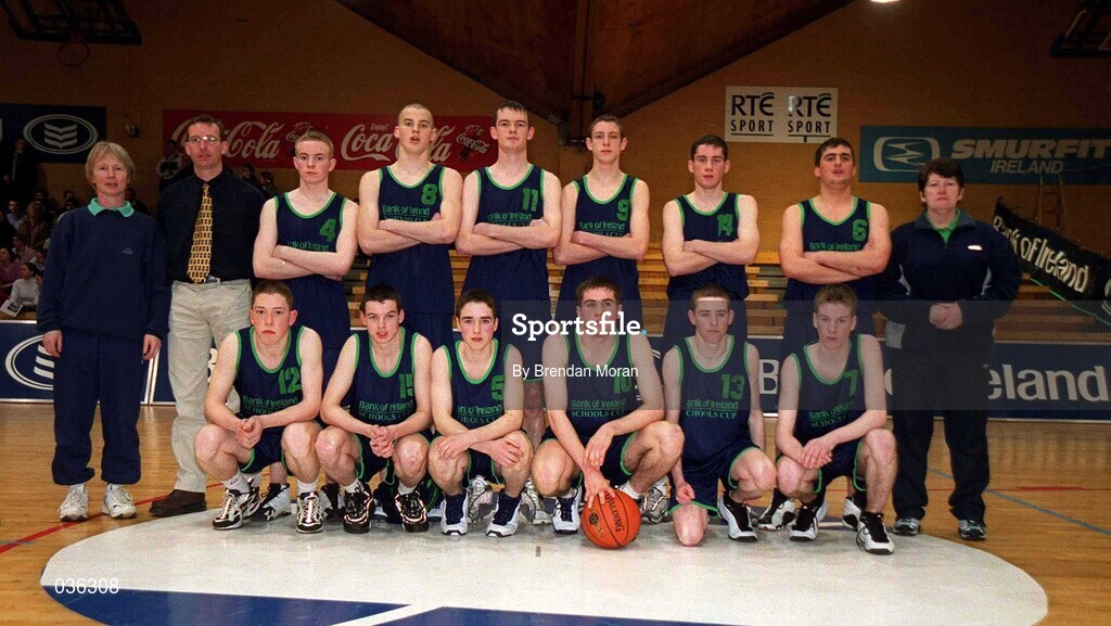 9 February 2000; The Carrick-On-Shannon CS team prior to the Bank of Ireland Schools Cup Boys' C Final match between Colaiste Mhuire Crosshaven and Carrick-On-Shannon CS at National Basketball Arena in Tallaght, Dublin. Photo by Brendan Moran/Sportsfile