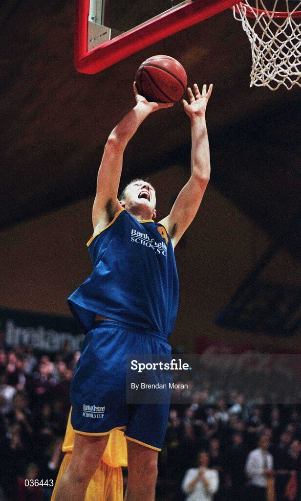 8 February 2000; David Harrison of St Laurence Loughlinstown shoots for a basket during the Bank of Ireland Schools Cup Boys' B Final match between St Laurence Loughlinstown and St Mary's Moyderwel at National Basketball Arena in Tallaght, Dublin. Photo by Brendan Moran/Sportsfile
