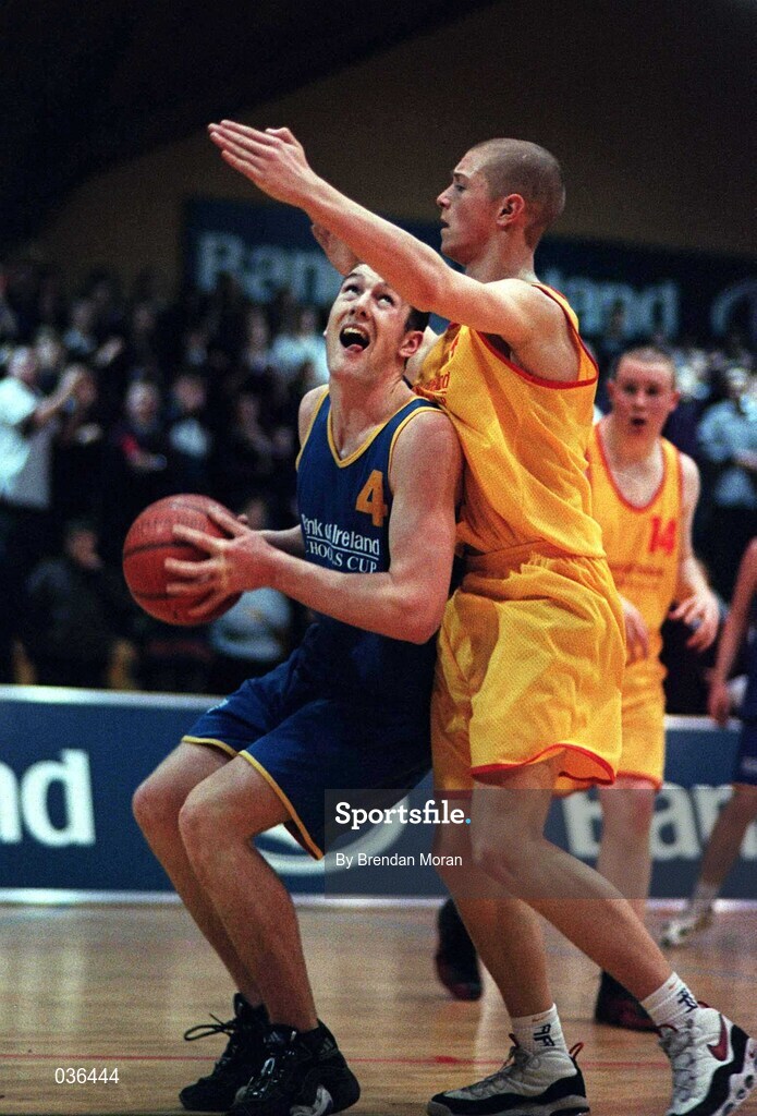 8 February 2000; David Harrison of St Laurence Loughlinstown in action against Wayne O'Riordan of St Mary's Moyderwell during the Bank of Ireland Schools Cup Boys' B Final match between St Laurence Loughlinstown and St Mary's Moyderwel at National Basketball Arena in Tallaght, Dublin. Photo by Brendan Moran/Sportsfile