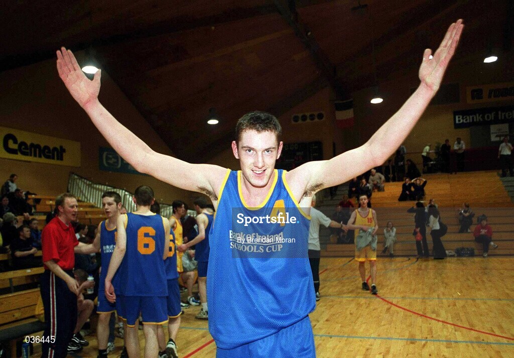 8 February 2000; David Harrison of St Laurence Loughlinstown celebrates following the Bank of Ireland Schools Cup Boys' B Final match between St Laurence Loughlinstown and St Mary's Moyderwel at National Basketball Arena in Tallaght, Dublin. Photo by Brendan Moran/Sportsfile