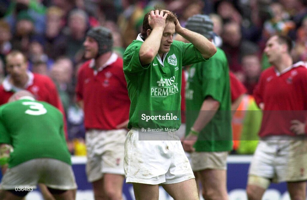 1 April 2000; Denis Hickie of Ireland looks dejected following the Lloyds TSB 6 Nations match between Ireland and Wales at Lansdowne Road in Dublin. Photo by Brendan Moran/Sportsfile