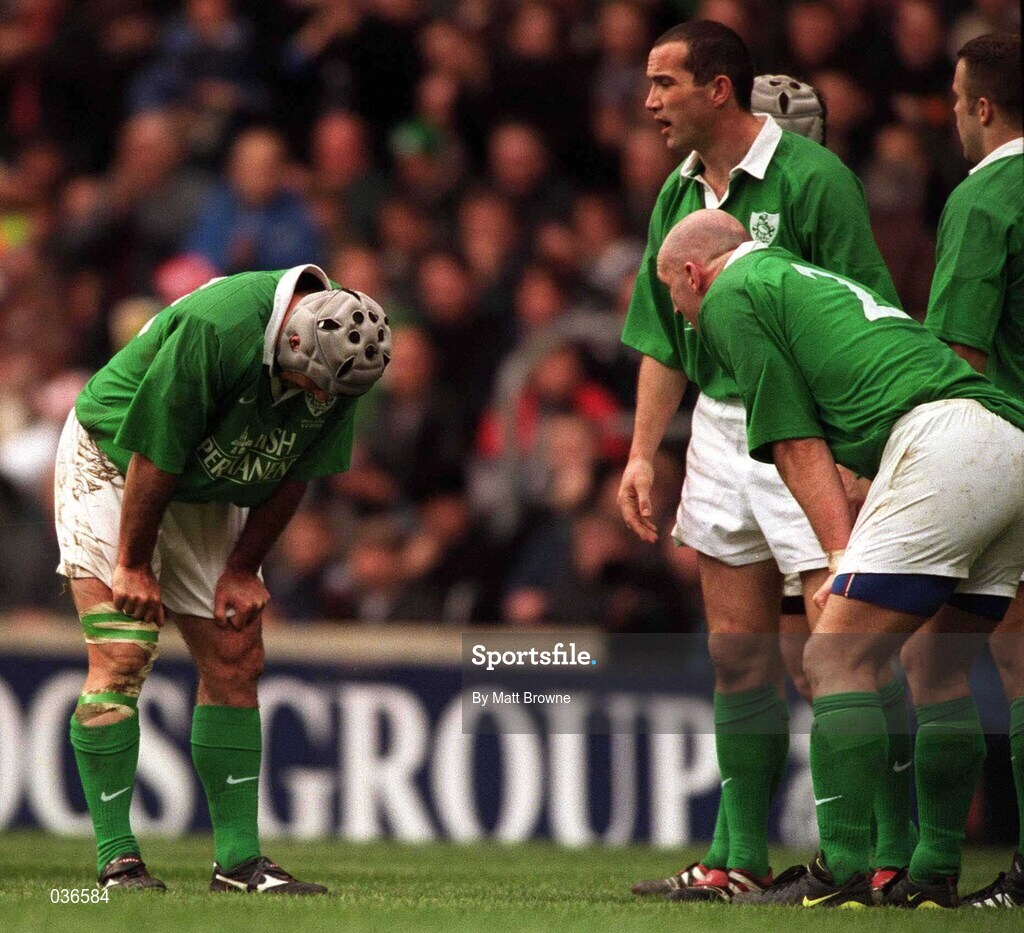 5 February 2000; Ireland players Mike Mullins, Keith Wood and Conor O'Shea and David Humphreys react during the Lloyds TSB 6 Nations match between England and Ireland at Twickenham Stadium in London. Photo by Matt Browne/Sportsfile
