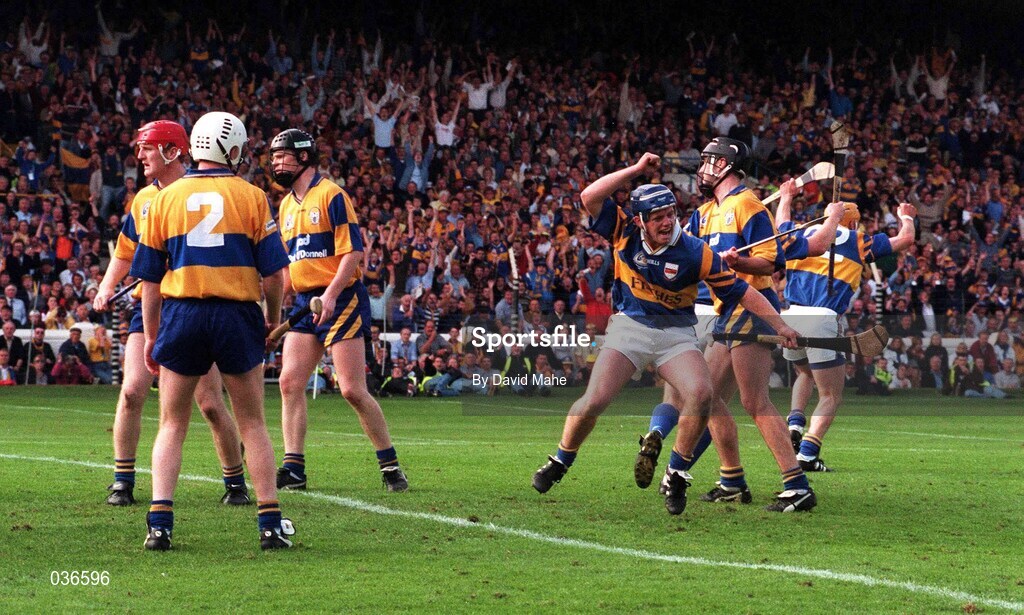 14 September 1997; Eugene O'Neill of Tippeary celebrates after scoring his side's second goal during the Guinness All-Ireland Hurling Championship Final match between Clare and Tipperary at Croke Park in Dublin. Photo by David Maher/Sportsfile