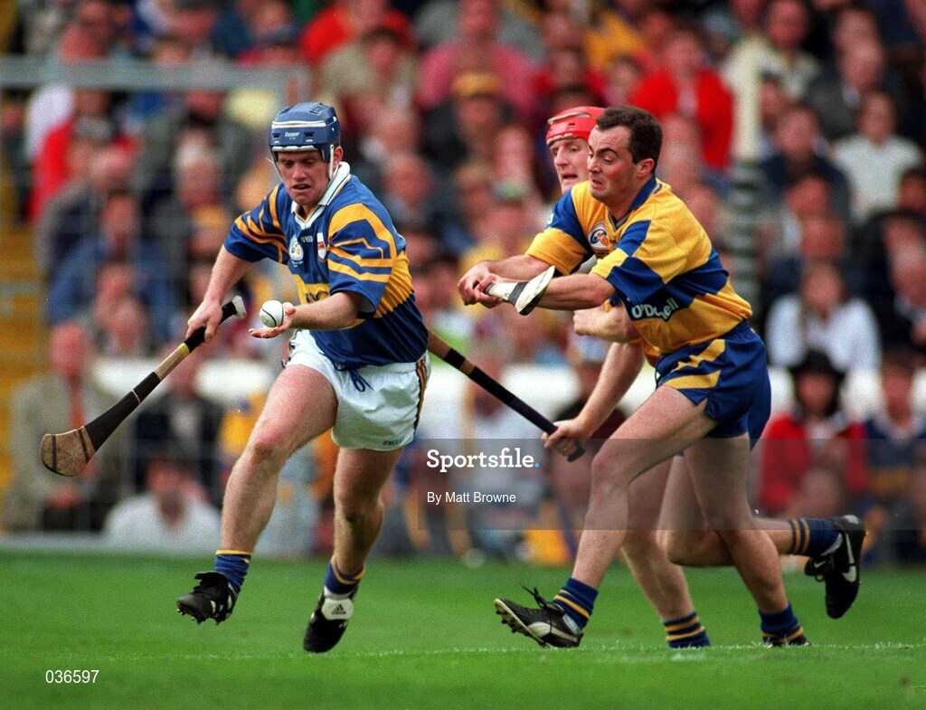 14 September 1997; Eugene O'Neill of Tipperary in action against against Anthony Daly and Brian Lohan of Clare during the Guinness All-Ireland Hurling Championship Final match between Clare and Tipperary at Croke Park in Dublin. Photo by Matt Browne/Sportsfile