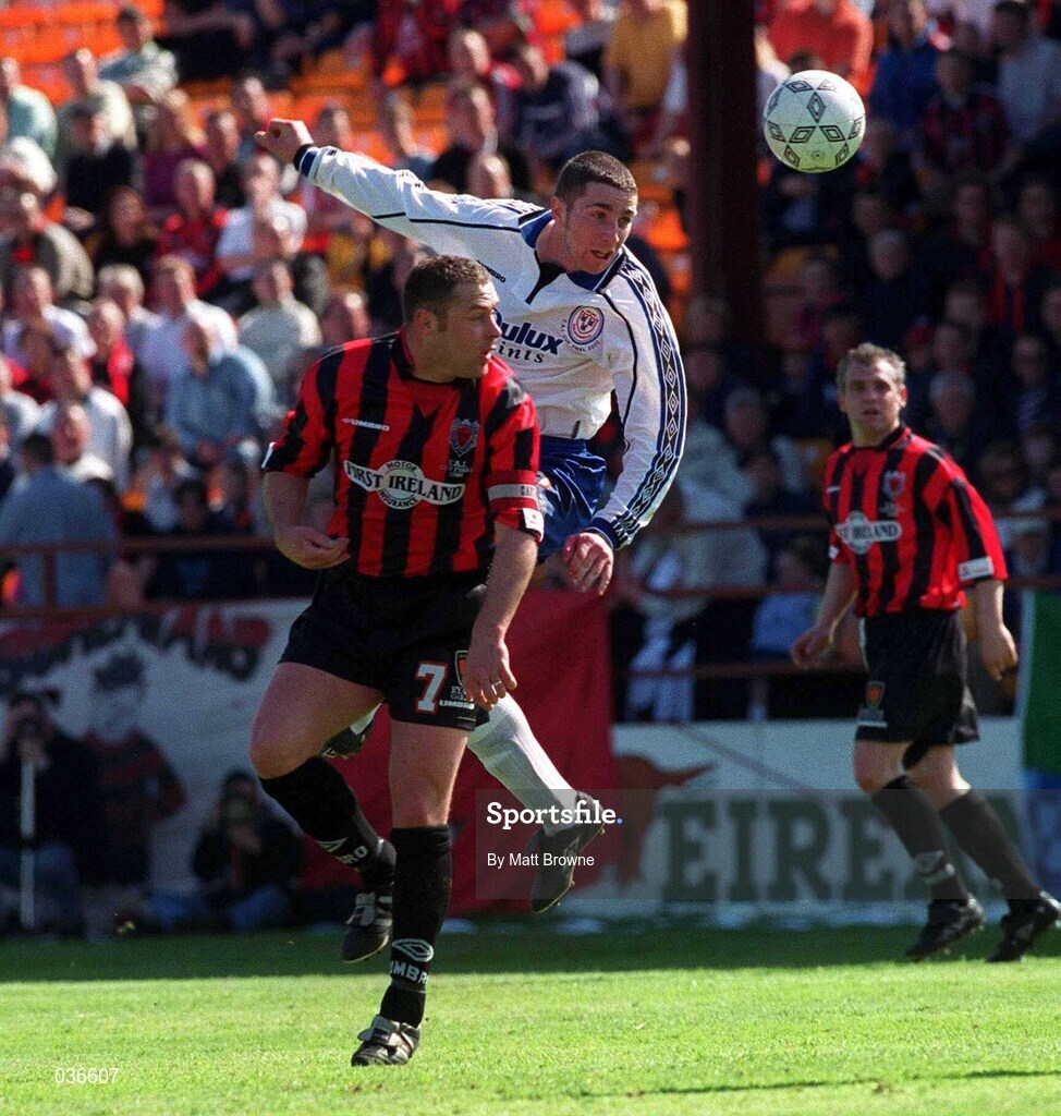 30 April 2000; Owen Heary of Shelbourne in action against Paul Byrne of Bohemians during the FAI Cup Final match between Shelbourne and Bohemians at Tolka Park in Dublin. Photo by Matt Browne/Sportsfile