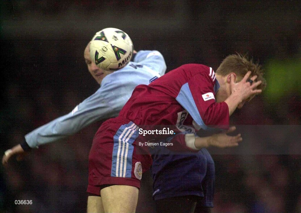 31 March 2000; Paul Doolin of Shelbourne in action against Darragh Sheridan of Galway United during the FAI Cup Semi-Final match between Galway United and Shelbourne at Terryland Park in Galway. Photo by Damien Eagers/Sportsfile