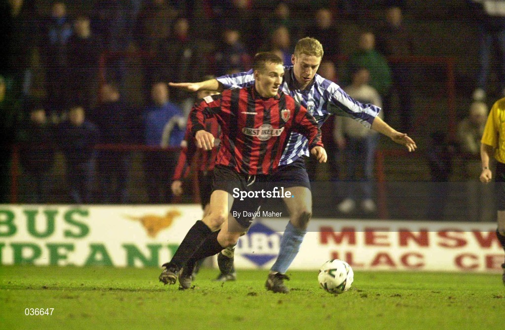3 February 2000; Garreth O'Connor of Bohemians in action against Donal Massey of St Mochta's during the FAI Harp Lager Cup Quarter-Final match between Bohemians and St Mochta's at Dalymount Park in Dublin. Photo by David Maher/Sportsfile