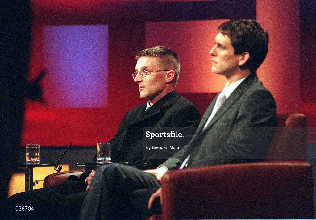 31 March 2000; Clare hurler Jamesie O'Connor, left, and GPA spokesman Donal O'Neill on The Late Late Show at the RTE Studios in Dublin. Photo by Brendan Moran/Sportsfile