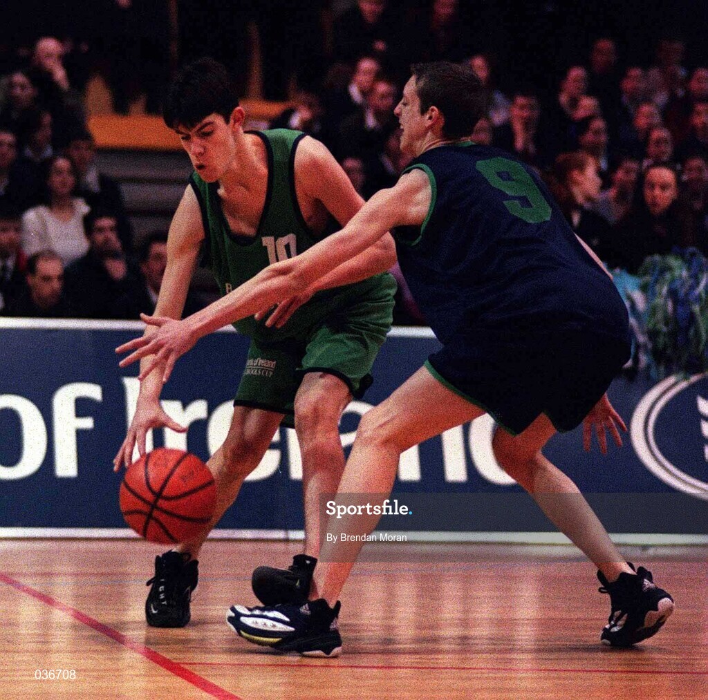9 February 2000; Graham Foley of Colaiste Muire Crosshaven in action against Aidan O'Donnell of Carrick-on-Shannon CS during the Bank of Ireland Schools Cup Boys' C Final match between Colaiste Mhuire Crosshaven and Carrick-On-Shannon CS at National Basketball Arena in Tallaght, Dublin. Photo by Brendan Moran/Sportsfile