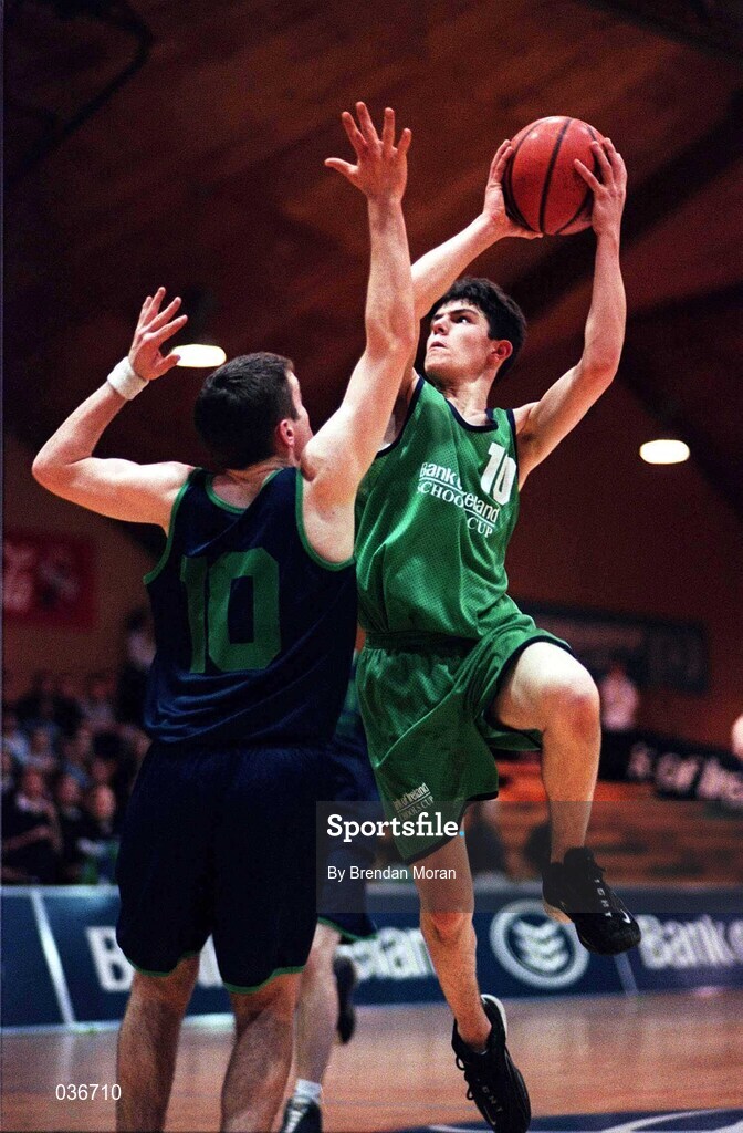 9 February 2000; Graham Foley of Colaiste Muire Crosshaven in action against Ronan Cox of Carrick-On-Shannon CS during the Bank of Ireland Schools Cup Boys' C Final match between Colaiste Mhuire Crosshaven and Carrick-On-Shannon CS at National Basketball Arena in Tallaght, Dublin. Photo by Brendan Moran/Sportsfile