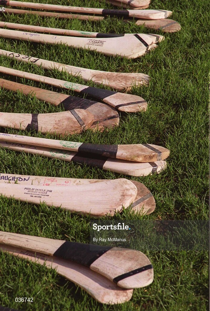 19 February 2000; Hurleys are seen prior to the AIB All-Ireland Senior Club Hurling Championship Semi-Final Replay match between Cushendall and St Joseph's Doorabarefield at Parnell Park in Dublin. Photo by Ray McManus/Sportsfile