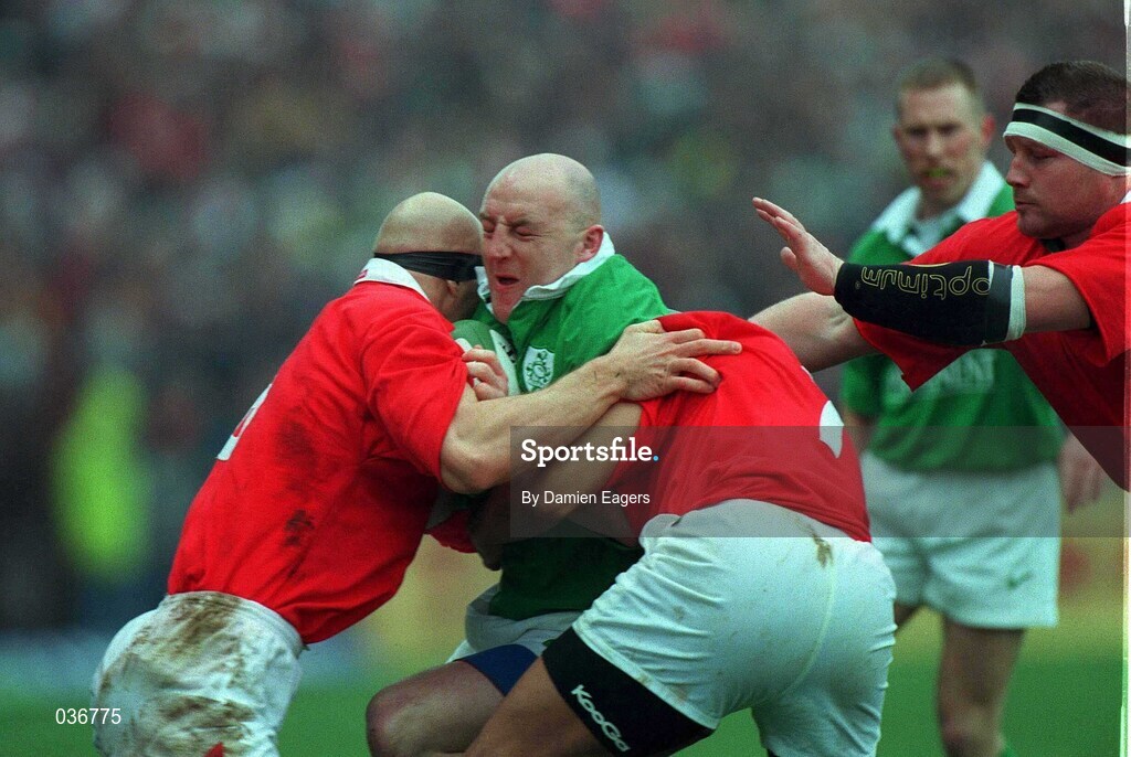 1 April 2000; Keith Wood of Ireland is tackled by Nathan Budgett, left and Colin Charvis of Wales during the Lloyds TSB 6 Nations match between Ireland and Wales at Lansdowne Road in Dublin. Photo by Damien Eagers/Sportsfile
