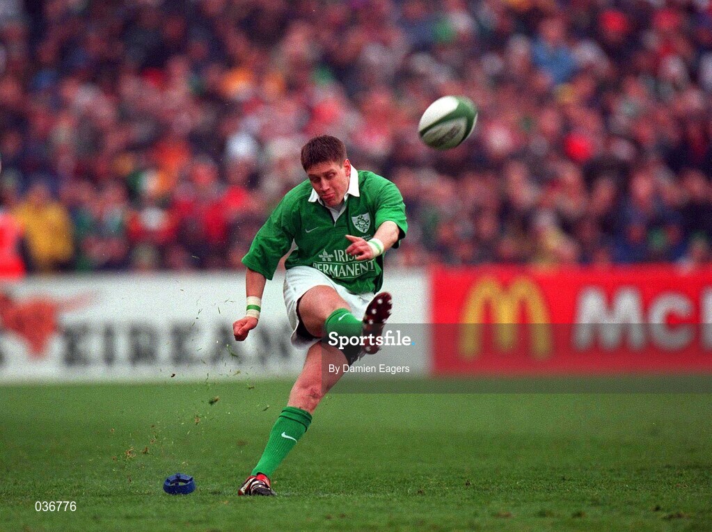 1 April 2000; Ronan O'Gara of Ireland kicks a penalty during the Lloyds TSB 6 Nations match between Ireland and Wales at Lansdowne Road in Dublin. Photo by Damien Eagers/Sportsfile