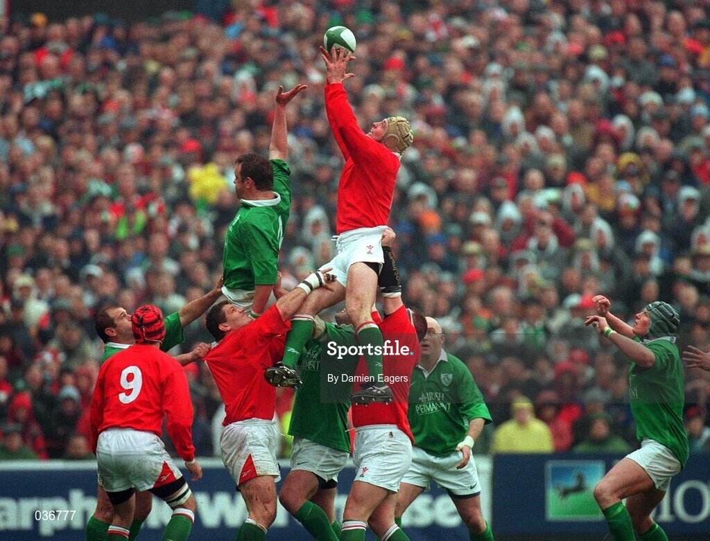 1 April 2000; Ian Gough of Wales wins possession of a line-out ahead of Mick Galwey of Ireland during the Lloyds TSB 6 Nations match between Ireland and Wales at Lansdowne Road in Dublin. Photo by Damien Eagers/Sportsfile