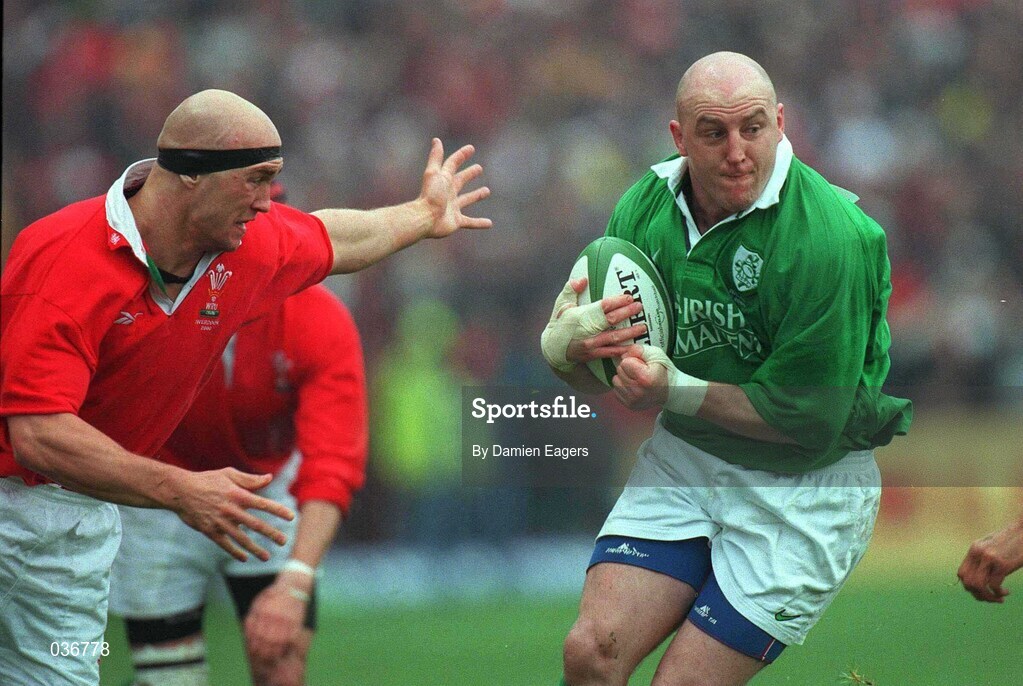 1 April 2000; Keith Wood of Ireland in action against Nathan Budgett of Wales during the Lloyds TSB 6 Nations match between Ireland and Wales at Lansdowne Road in Dublin. Photo by Damien Eagers/Sportsfile