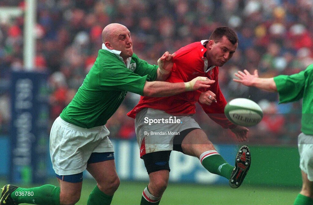 1 April 2000; Geraint Lewis of Wales is tackled by Keith Wood of Ireland during the Lloyds TSB 6 Nations match between Ireland and Wales at Lansdowne Road in Dublin. Photo by Brendan Moran/Sportsfile