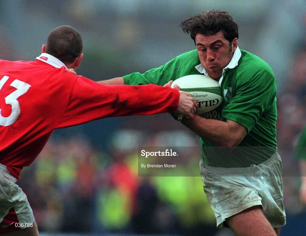 1 April 2000; Kieron Dawson of Ireland is tackled by Alan Bateman of Wales during the Lloyds TSB 6 Nations match between Ireland and Wales at Lansdowne Road in Dublin. Photo by Brendan Moran/Sportsfile