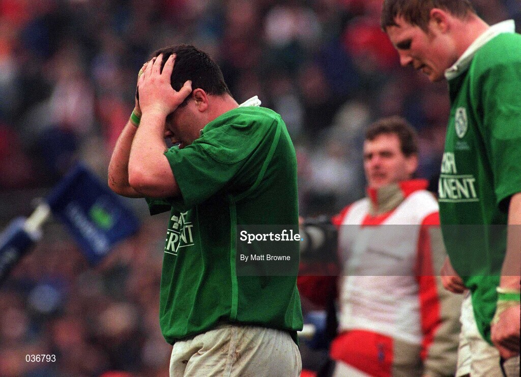 1 April 2000; Anthony Foley, left, and Malcolm O'Kelly of Ireland look dejected following the Lloyds TSB 6 Nations match between Ireland and Wales at Lansdowne Road in Dublin. Photo by Matt Browne/Sportsfile