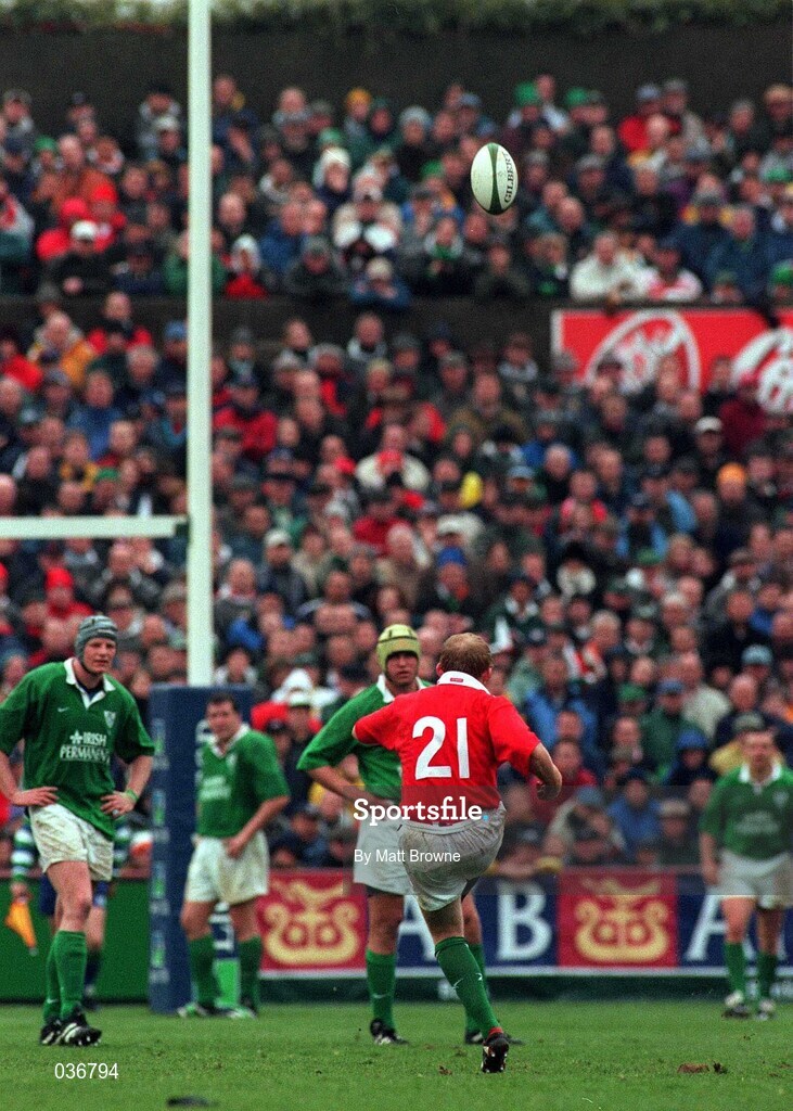 1 April 2000; Neil Jenkins of Wales kicks a penalty during the Lloyds TSB 6 Nations match between Ireland and Wales at Lansdowne Road in Dublin. Photo by Matt Browne/Sportsfile