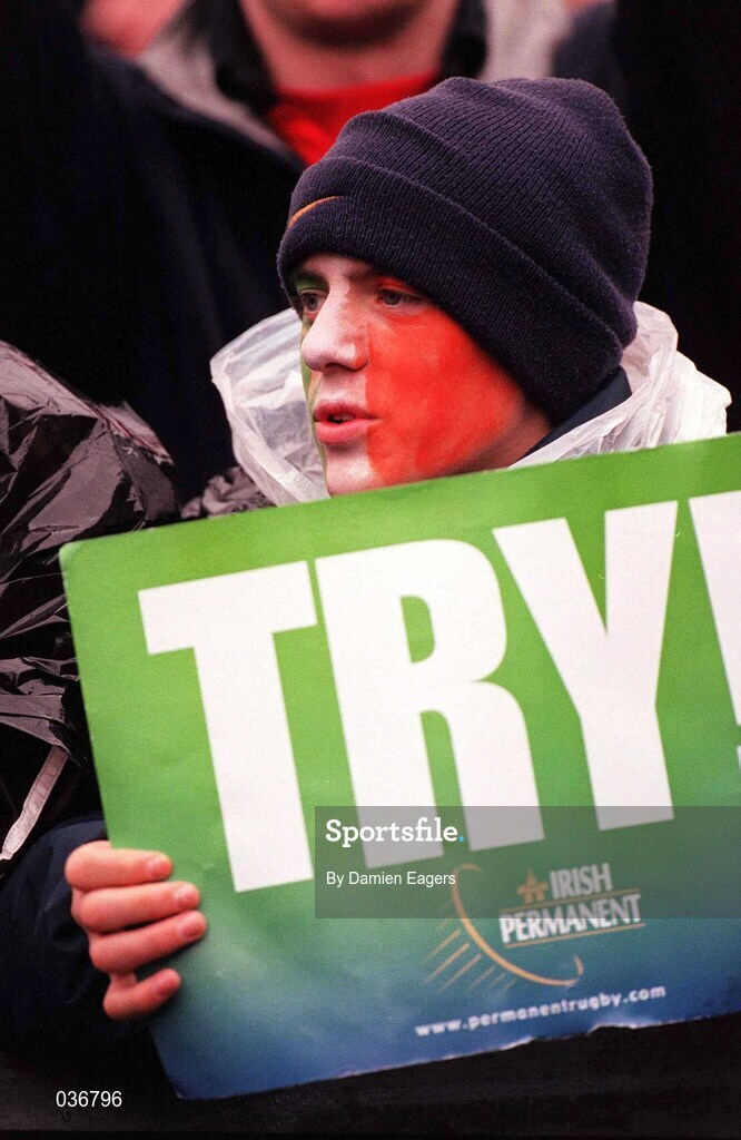 1 April 2000; An Ireland supporter looks on during the Lloyds TSB 6 Nations match between Ireland and Wales at Lansdowne Road in Dublin. Photo by Damien Eagers/Sportsfile