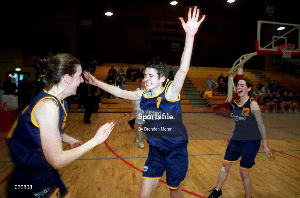 8 February 2000; Scoil Ruain Killenaule players, from left, Teresa Cleary, Irene Codd and Aoife O'Dwyer celebrate following the Bank of Ireland Schools Cup Girls' B Final match between Scoil Ruain Killenaule and Loreto Foxrock at National Basketball Arena in Tallaght, Dublin. Photo by Brendan Moran/Sportsfile
