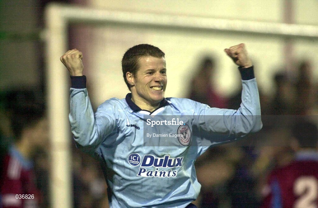 31 March 2000; James Keddy of Shelbourne celebrates after scoring his side's first goal during the FAI Cup Semi-Final match between Galway United and Shelbourne at Terryland Park in Galway. Photo by Damien Eagers/Sportsfile