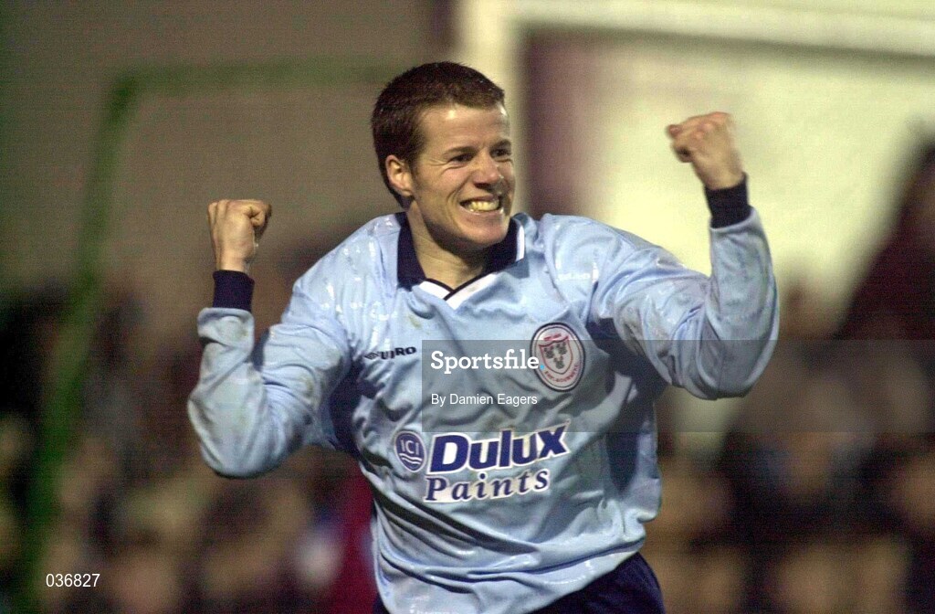 31 March 2000; James Keddy of Shelbourne celebrates after scoring his side's first goal during the FAI Cup Semi-Final match between Galway United and Shelbourne at Terryland Park in Galway. Photo by Damien Eagers/Sportsfile
