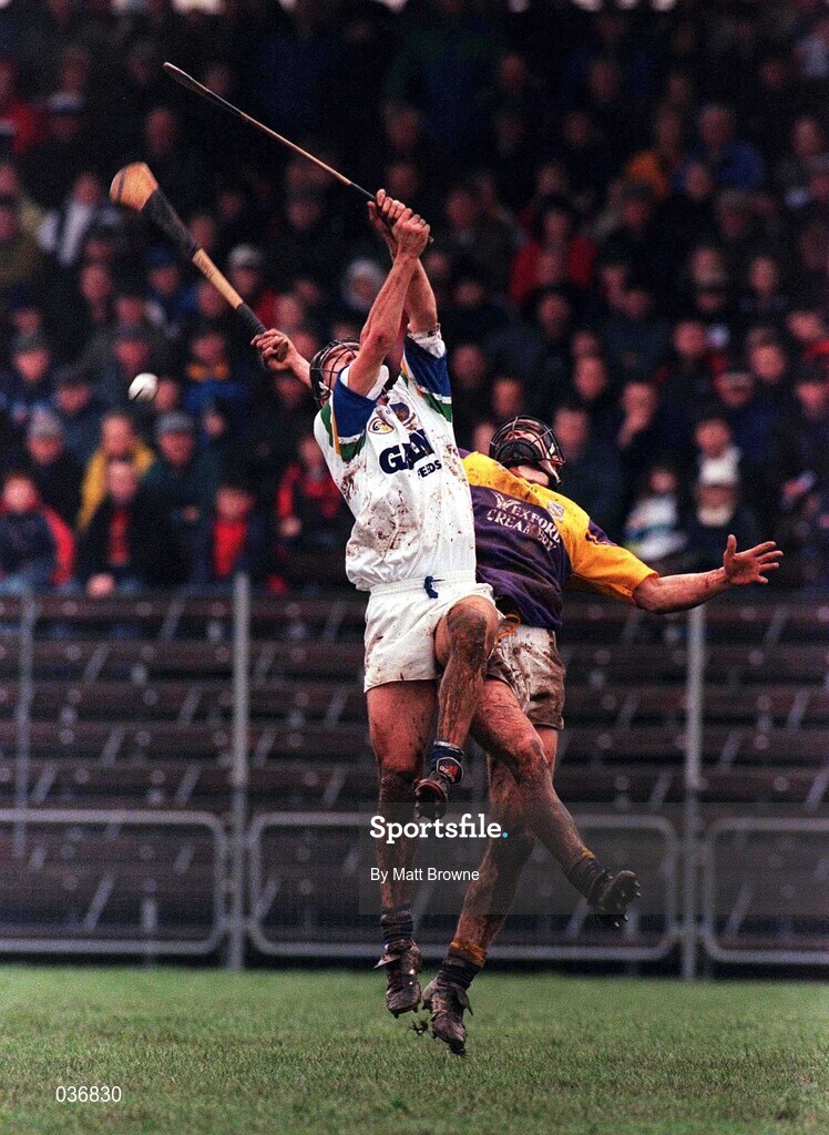 27 February 2000; James Murray of Waterford in action against Martin Byrne of Wexford during the Church & General National Hurling League Division 1B Round 2 match between Waterford and Wexford at Walsh Park in Waterford. Photo by Matt Browne/Sportsfile