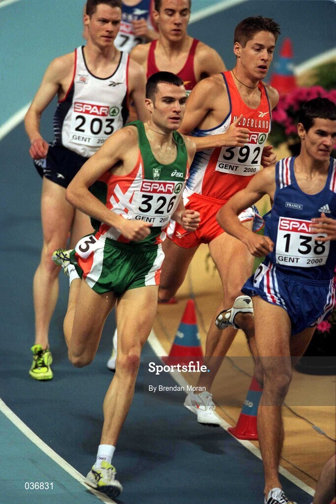 25 February 2000; James Nolan of Ireland during the Men's 1500m on Day One of the European Athletics Indoor Championships at Flanders Sports Arena in Ghent, Belgium. Photo by Brendan Moran/Sportsfile