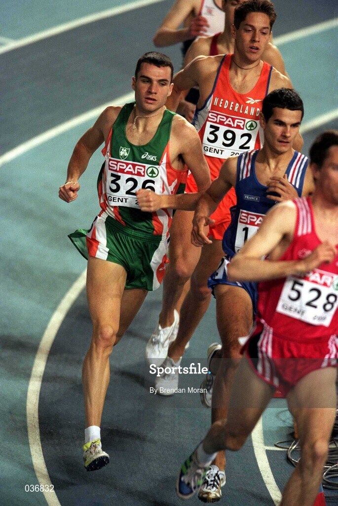25 February 2000; James Nolan of Ireland during the Men's 1500m on Day One of the European Athletics Indoor Championships at Flanders Sports Arena in Ghent, Belgium. Photo by Brendan Moran/Sportsfile