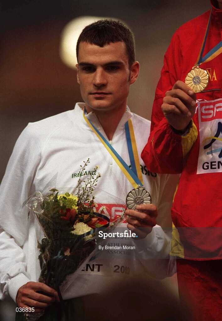 27 February 2000; James Nolan of Ireland on the podium with his silver medal following the Men's 1500m Final on Day Three of the European Athletics Indoor Championships at Flanders Sports Arena in Ghent, Belgium. Photo by Brendan Moran/Sportsfile