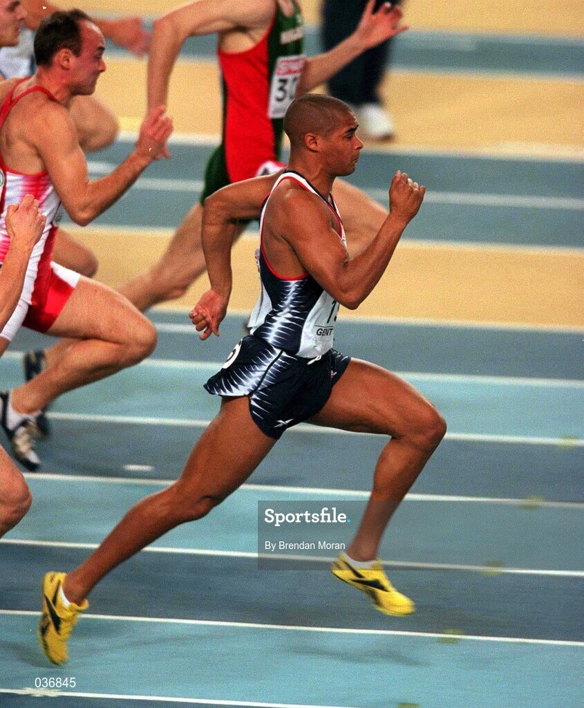 27 February 2000; Jason Gardiner of Great Britain during the Men's 60m on Day Three of the European Athletics Indoor Championships at Flanders Sports Arena in Ghent, Belgium. Photo by Brendan Moran/Sportsfile