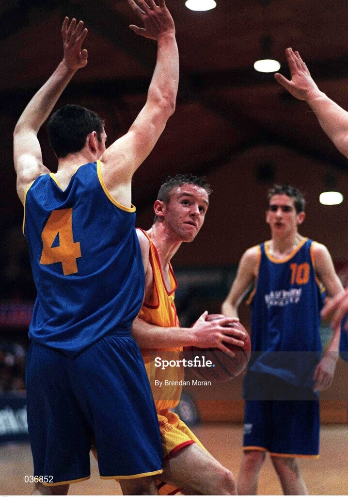 8 February 2000; Jason Mitchell of St Mary's Moyderwell in action against David Harrison of St Laurence Loughlinstown during the Bank of Ireland Schools Cup Boys' B Final match between St Laurence Loughlinstown and St Mary's Moyderwel at National Basketball Arena in Tallaght, Dublin. Photo by Brendan Moran/Sportsfile