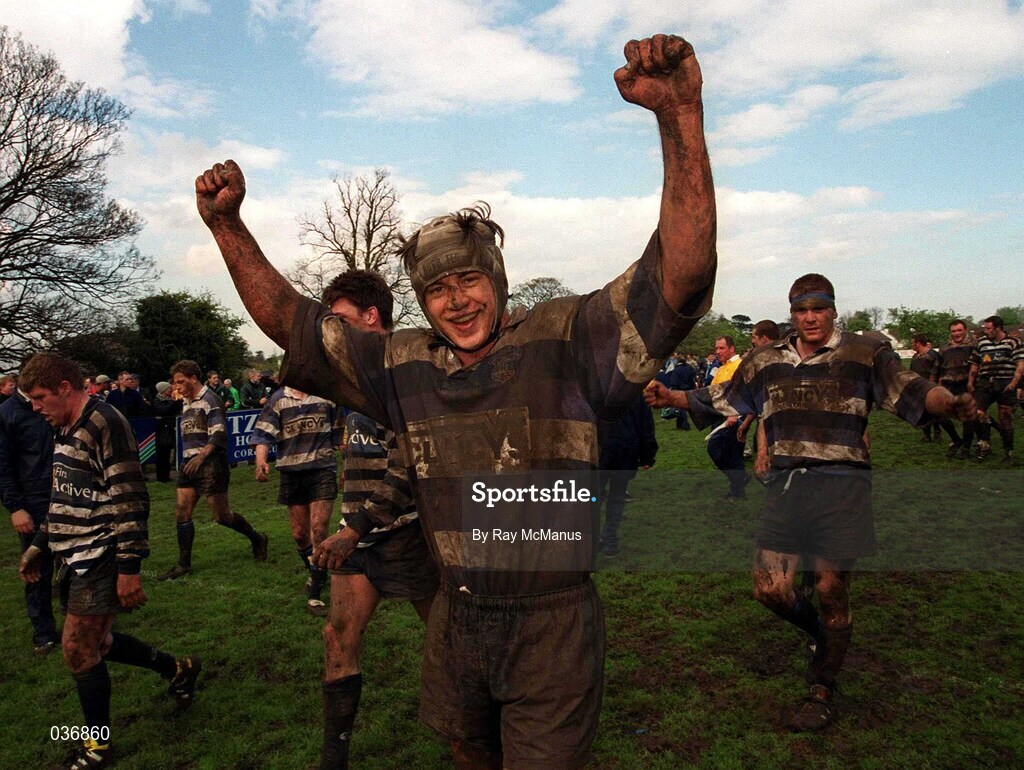 29 April 2000; Phil Glamuzina of Old Crescent celebrates the announcement that his side will be promoted following the AIB All-Ireland League Division 2 match between Blackrock College and Old Crescent at Stradbrook Road in Dublin. Photo by Ray McManus/Sportsfile