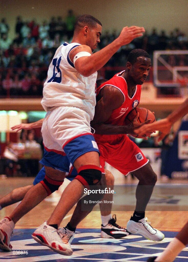 11 February 2000; Rasuel McKune of Neptune in action against John Estick of ESAT Telecom Demons during the ESB Superleague match between Neptune and ESAT Telecom Demons at Neptune Stadium in Blackpool, Cork. Photo by Brendan Moran/Sportsfile