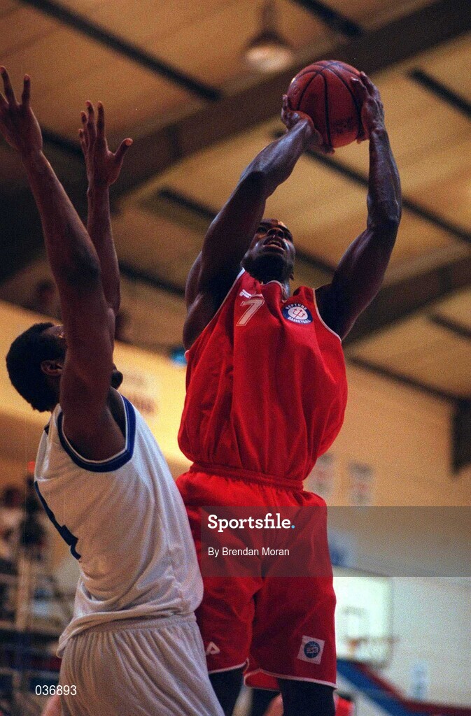 11 February 2000; Ricardo Leonard of Neptune in action against Joseph McKenny of ESAT Telecom Demons during the ESB Superleague match between Neptune and ESAT Telecom Demons at Neptune Stadium in Blackpool, Cork. Photo by Brendan Moran/Sportsfile