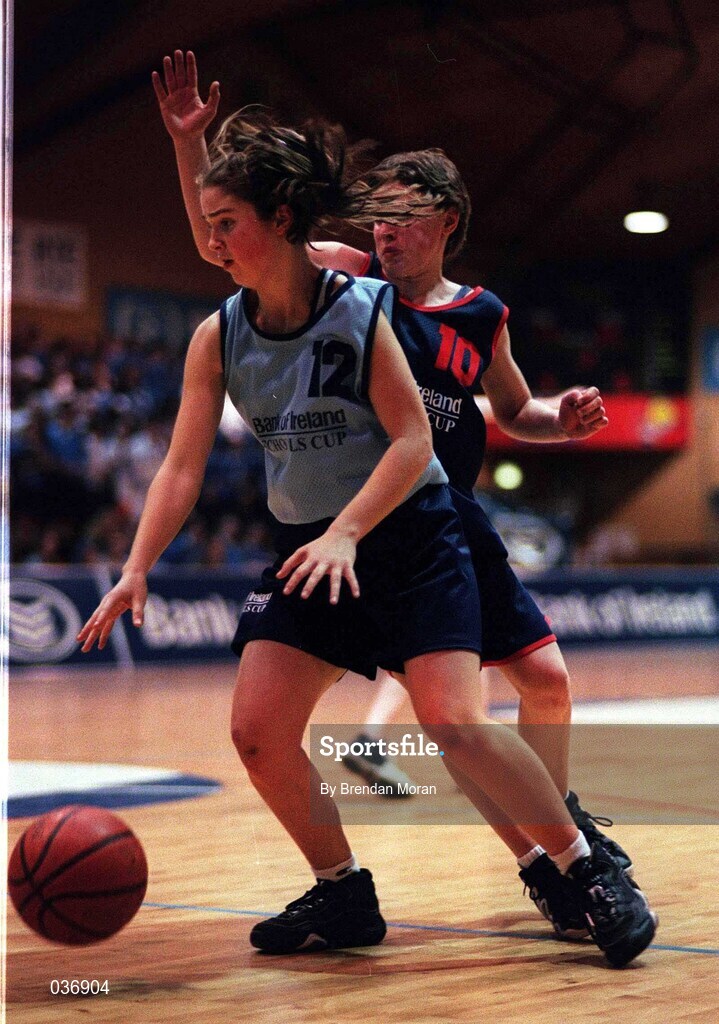 8 February 2000; Jennifer Kelly of Mercy Waterford in action against Mairead Finnegan of Presentation Killarney during the Bank of Ireland Schools Cup Girls' A Final match between Mercy Waterford and Presentation Killarney at National Basketball Arena in Tallaght, Dublin. Photo by Brendan Moran/Sportsfile