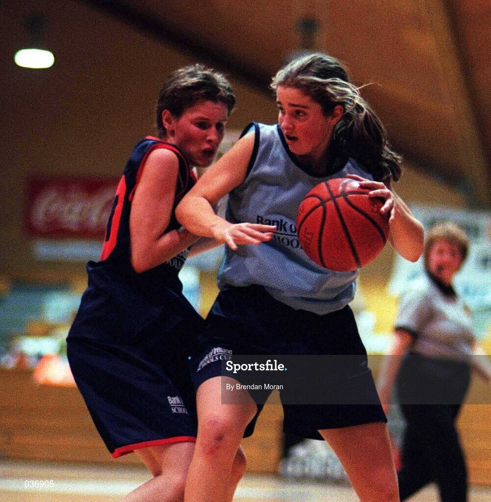 8 February 2000; Jennifer Kelly of Mercy Waterford in action against Mairead Finnegan of Presentation Killarney during the Bank of Ireland Schools Cup Girls' A Final match between Mercy Waterford and Presentation Killarney at National Basketball Arena in Tallaght, Dublin. Photo by Brendan Moran/Sportsfile