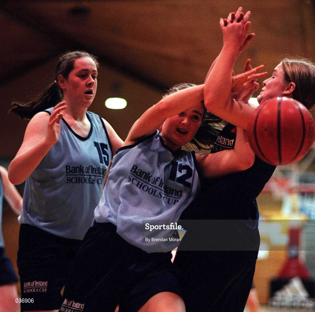 8 February 2000; Jennifer Kelly, centre, and Jennifer Maher of Mercy Waterford in action against Lynn Jones of Presentation Killarney during the Bank of Ireland Schools Cup Girls' A Final match between Mercy Waterford and Presentation Killarney at National Basketball Arena in Tallaght, Dublin. Photo by Brendan Moran/Sportsfile