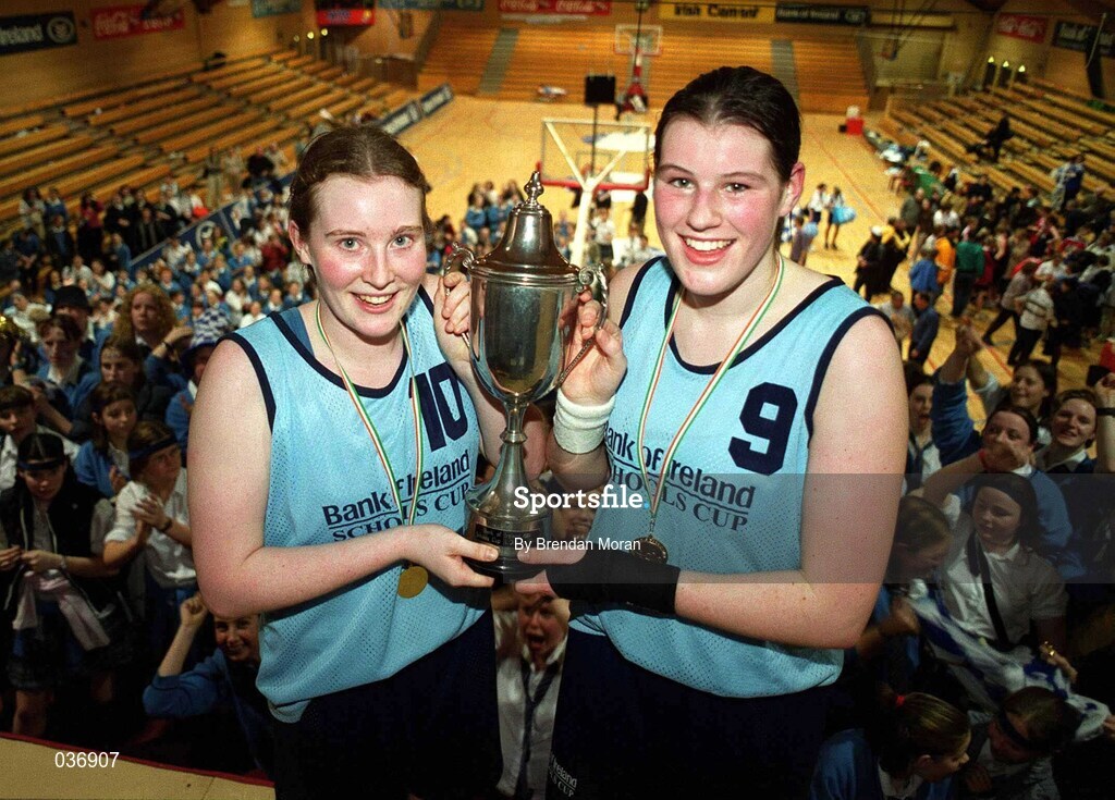 8 February 2000; Mercy Waterford co- captains Jenny Coady, left, and Kate Maher with the trophy following the Bank of Ireland Schools Cup Girls' A Final match between Mercy Waterford and Presentation Killarney at National Basketball Arena in Tallaght, Dublin. Photo by Brendan Moran/Sportsfile
