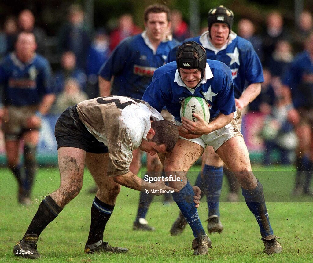 29 April 2000; John McWeeney of St Mary's is tackled by Derek Dillon of Cork Constitution during the AIB All-Ireland League Division 1 match between St Mary's and Cork Constitution at Templeville Road in Dublin. Photo by Matt Browne/Sportsfile