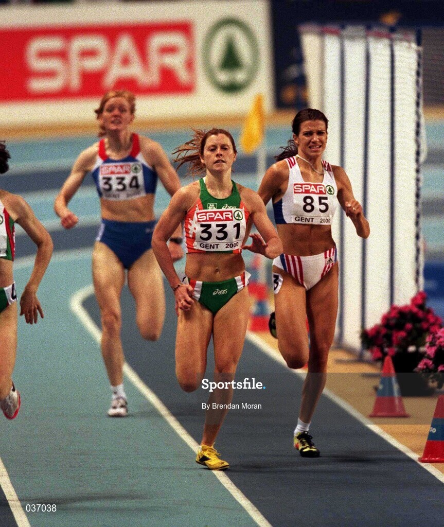 27 February 2000; Karen Shinkins of Ireland competes in the Women's 400m on Day Three of the European Athletics Indoor Championships at Flanders Sports Arena in Ghent, Belgium. Photo by Brendan Moran/Sportsfile