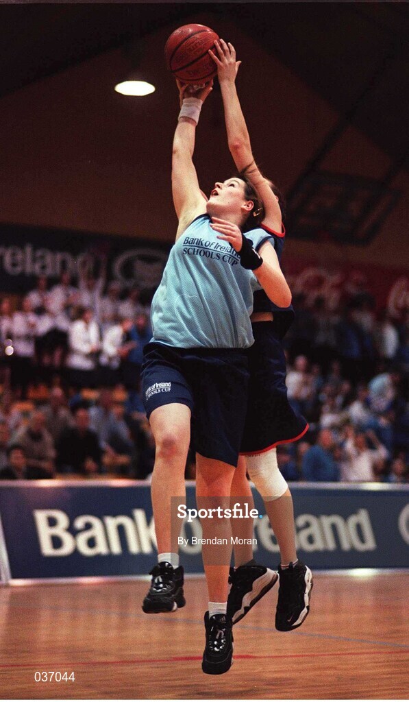 8 February 2000; Kate Maher of Mercy Waterford in action against Caitriona O'Connell of Presentation Killarney during the Bank of Ireland Schools Cup Girls' A Final match between Mercy Waterford and Presentation Killarney at National Basketball Arena in Tallaght, Dublin. Photo by Brendan Moran/Sportsfile